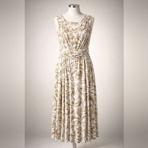 Perceptions NY Women's Elegant Beige Floral Ruched Waist Casual Midi Dressize M.